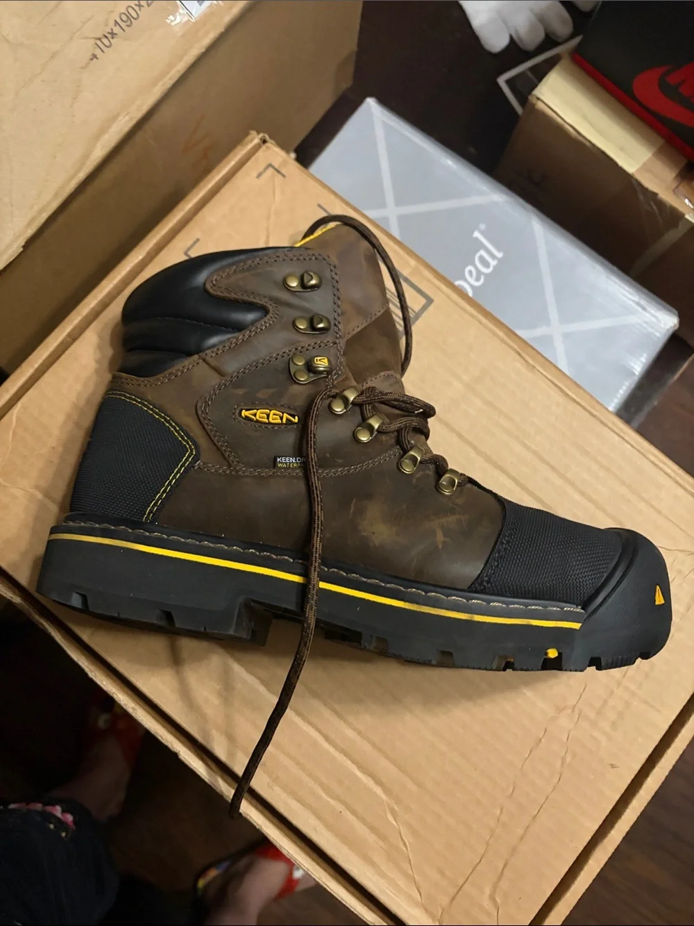 Keen Brown and Black Work Boot with Yellow Trim